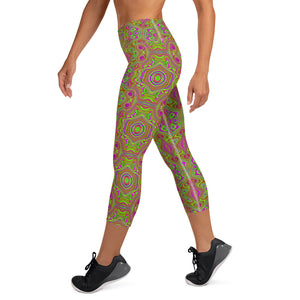 Capri Yoga Leggings - Trippy Retro Chartreuse Magenta Abstract Pattern