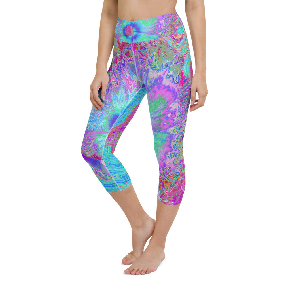 Capri Yoga Leggings, Psychedelic Retro Rainbow Blue Hibiscus