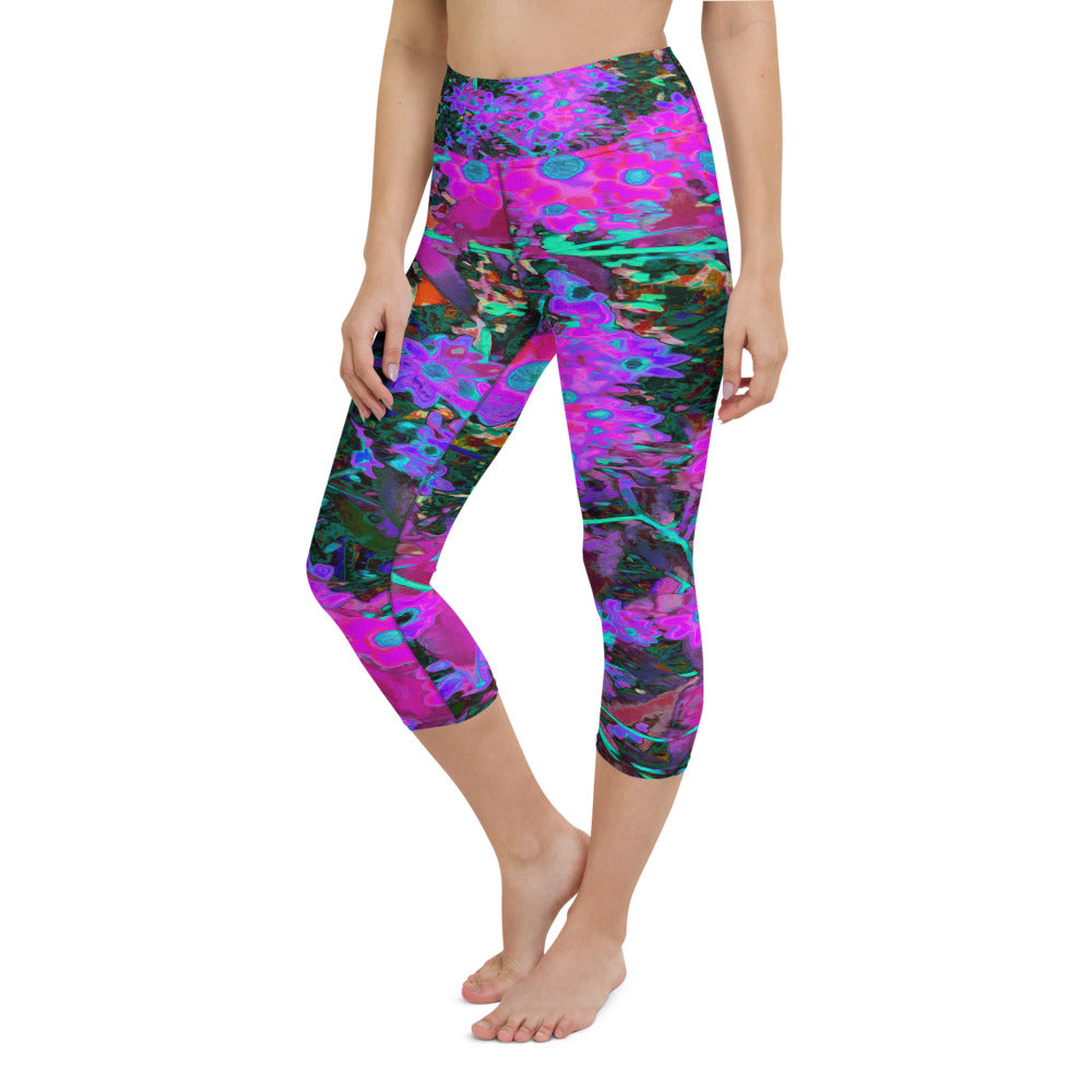 Capri Yoga Leggings for Women, Pretty Hot Pink, Magenta and Aqua Blue Flowers