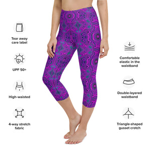 Capri Yoga Leggings - Trippy Retro Magenta and Black Abstract Pattern