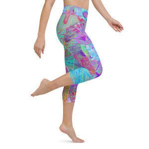 Capri Yoga Leggings, Psychedelic Retro Rainbow Blue Hibiscus