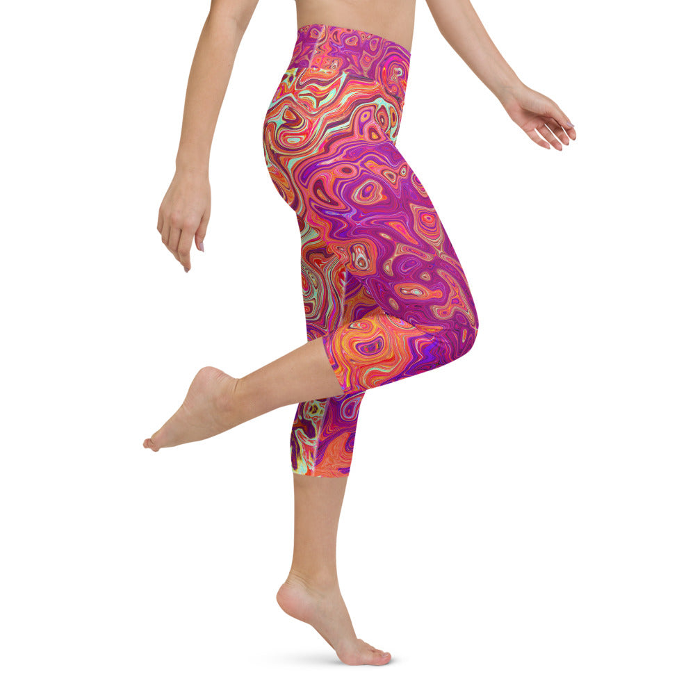 Capri Yoga Leggings, Retro Abstract Coral and Purple Marble Swirl