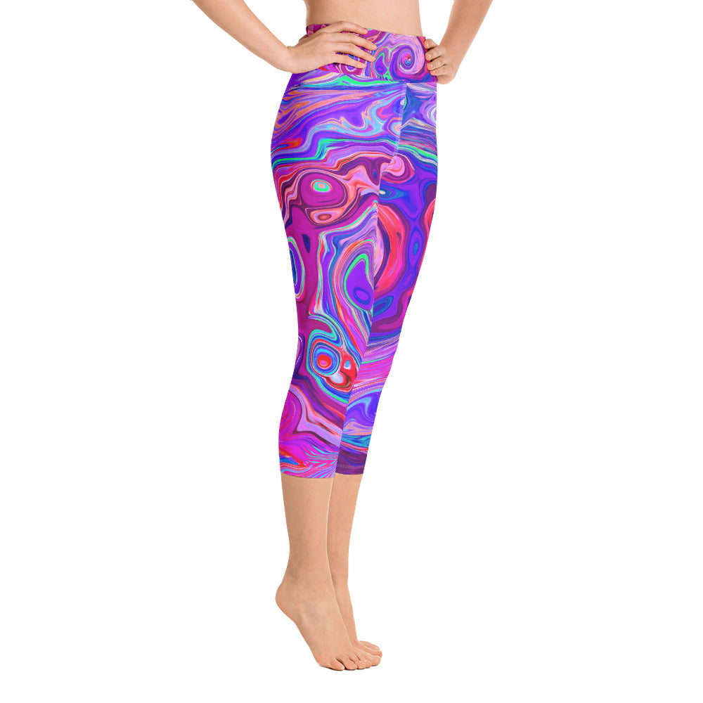 Capri Yoga Leggings for Women, Retro Purple and Orange Abstract Groovy Swirl