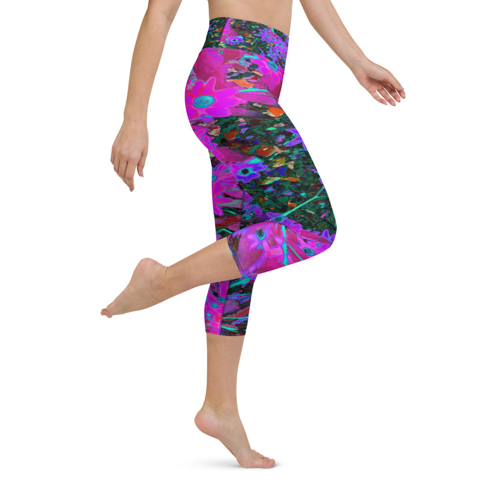 Capri Yoga Leggings for Women, Pretty Hot Pink, Magenta and Aqua Blue Flowers