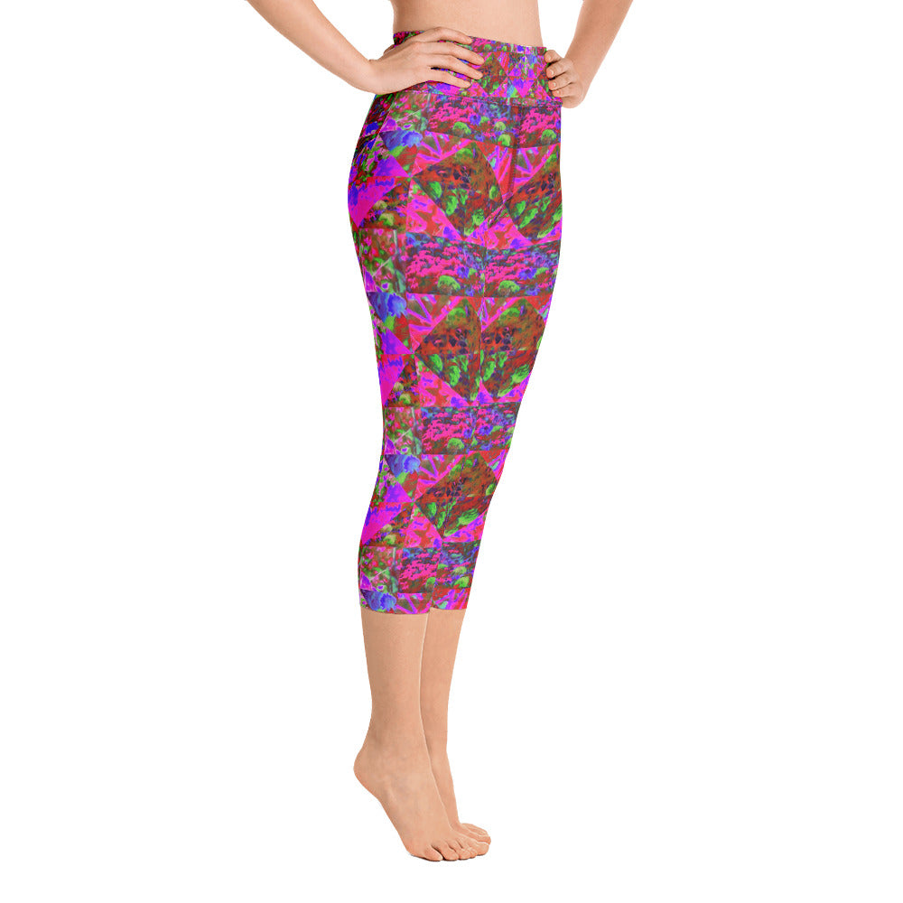 Colorful Capri Yoga Leggings, Trippy Garden Quilt Painting with Lime Green Hydrangea
