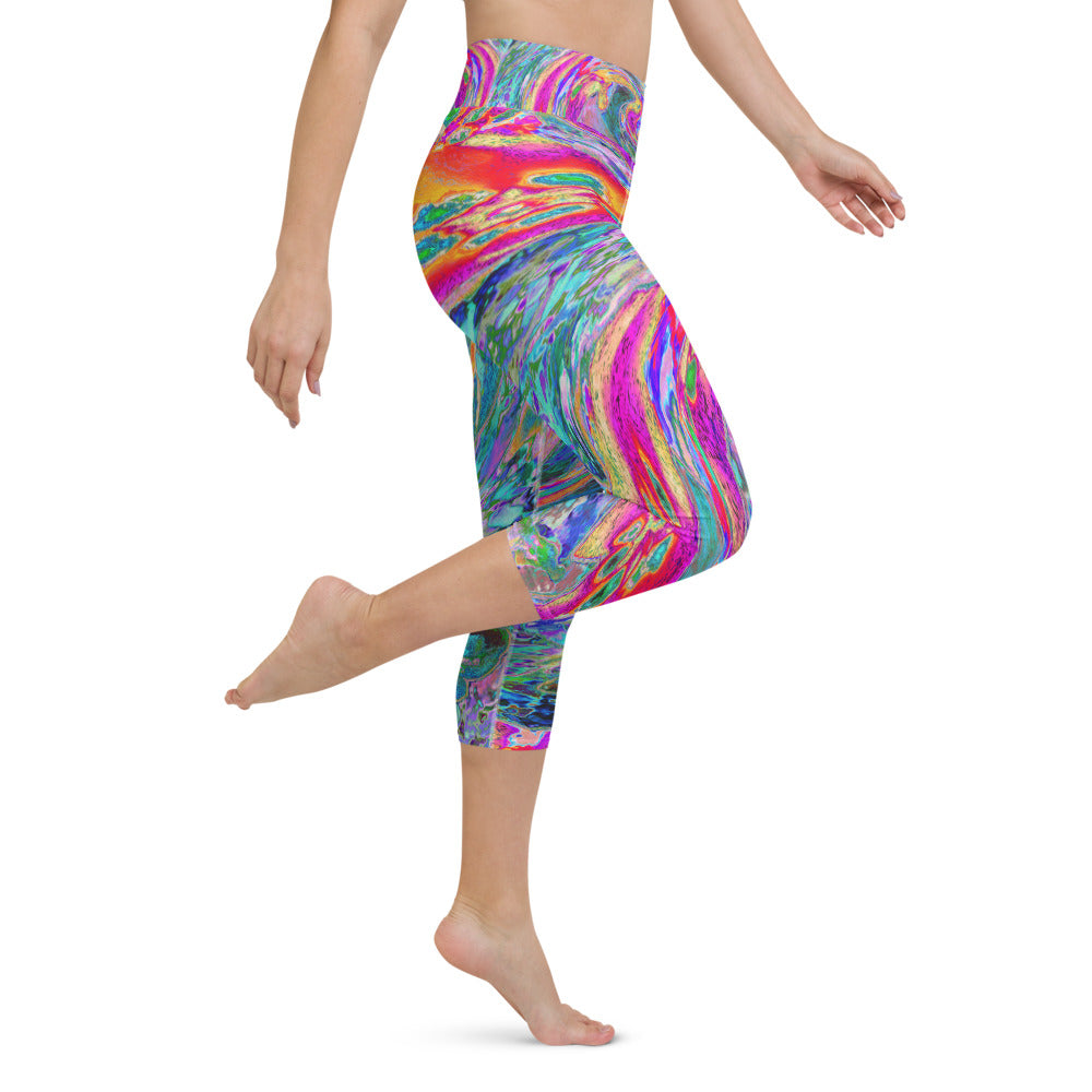 Colorful Capri Yoga Leggings, Abstract Floral Psychedelic Rainbow Waves of Color