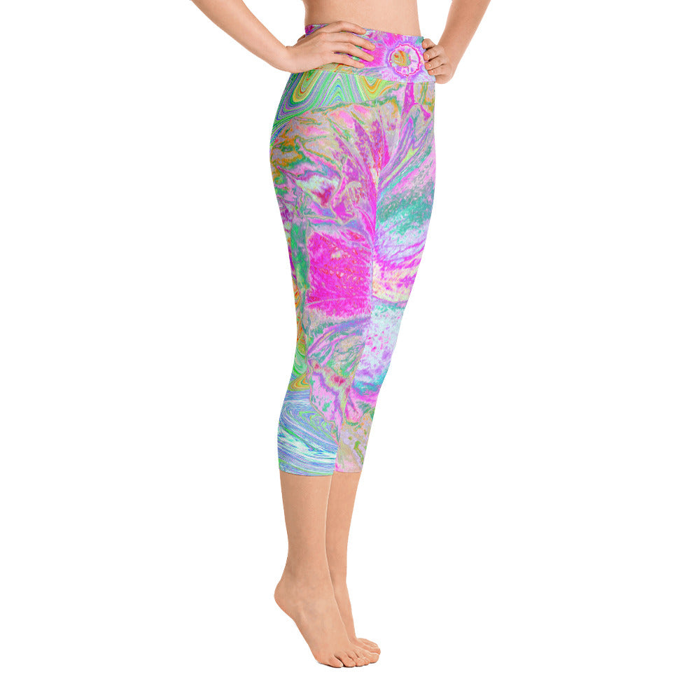Capri Yoga Leggings for Women, Psychedelic Hot Pink and Ultra-Violet Hibiscus