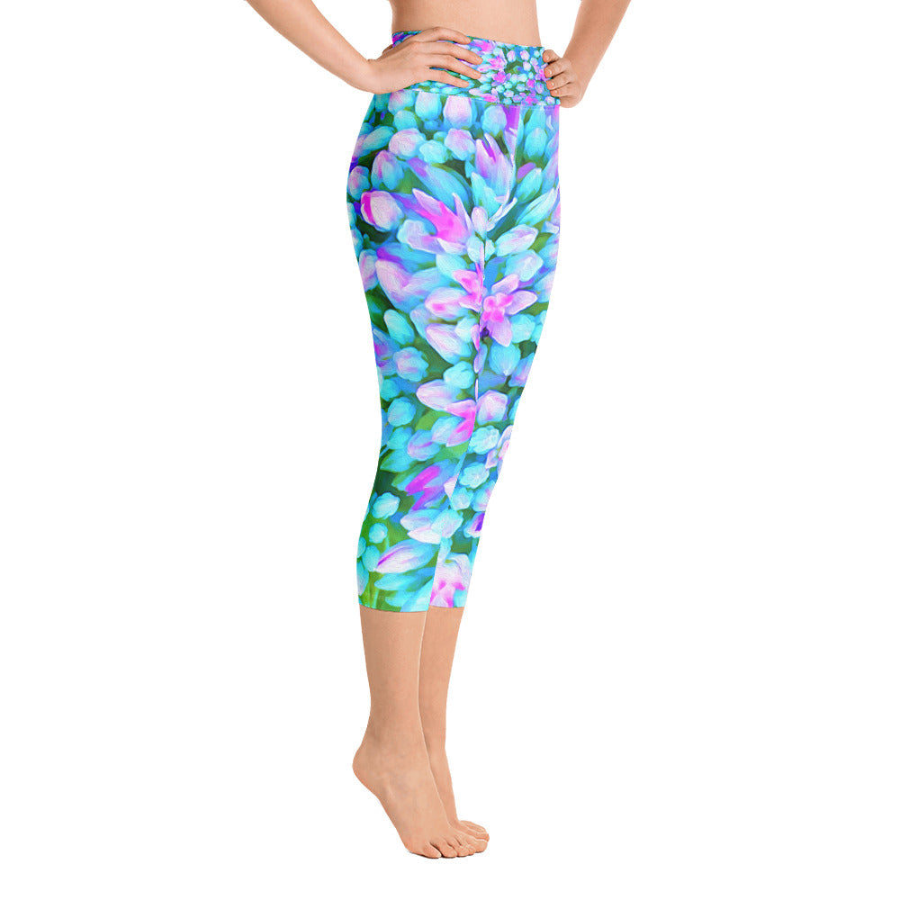 Capri Yoga Leggings for Women, Blue and Hot Pink Succulent Sedum Flowers Detail