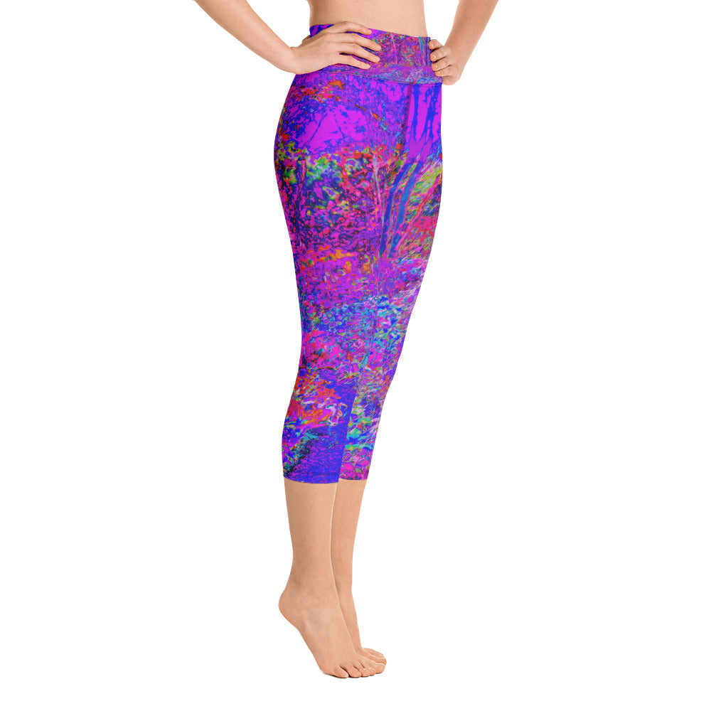 Capri Yoga Leggings for Women, Psychedelic Impressionistic Purple Garden Landscape