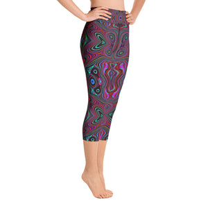 Capri Yoga Leggings, Trippy Seafoam Green and Magenta Abstract Pattern