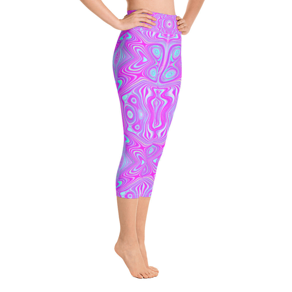 Capri Yoga Leggings for Women, Trippy Hot Pink and Aqua Blue Abstract Pattern