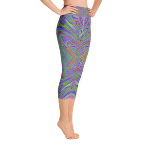 Capri Yoga Leggings for Women, Abstract Trippy Purple, Orange and Lime Green Butterfly