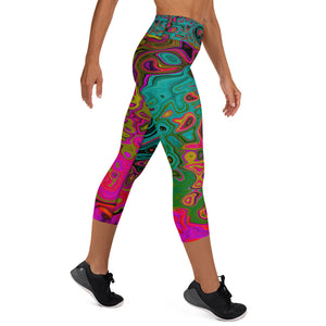 Capri Yoga Leggings for Women, Trippy Turquoise Abstract Retro Liquid Swirl