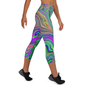 Capri Yoga Leggings for Women, Trippy Lime Green and Purple Waves of Color