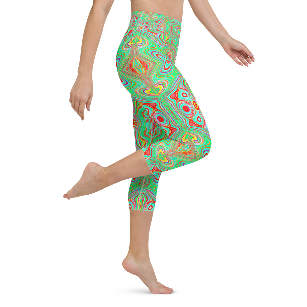 Yoga Capri Leggings, Trippy Retro Orange and Lime Green Abstract Pattern