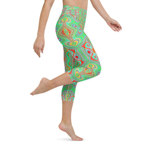 Yoga Capri Leggings, Trippy Retro Orange and Lime Green Abstract Pattern