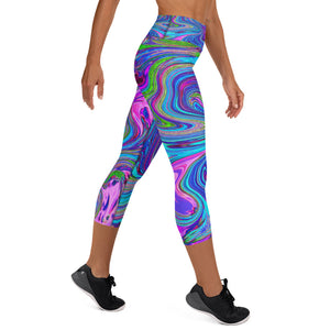 Yoga Capri Leggings For Women, Blue, Pink and Purple Groovy Abstract Retro Art