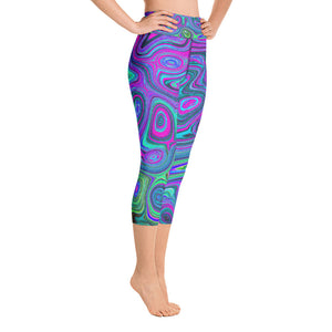 Capri Yoga Leggings for Women, Marbled Magenta and Lime Green Groovy Abstract Art