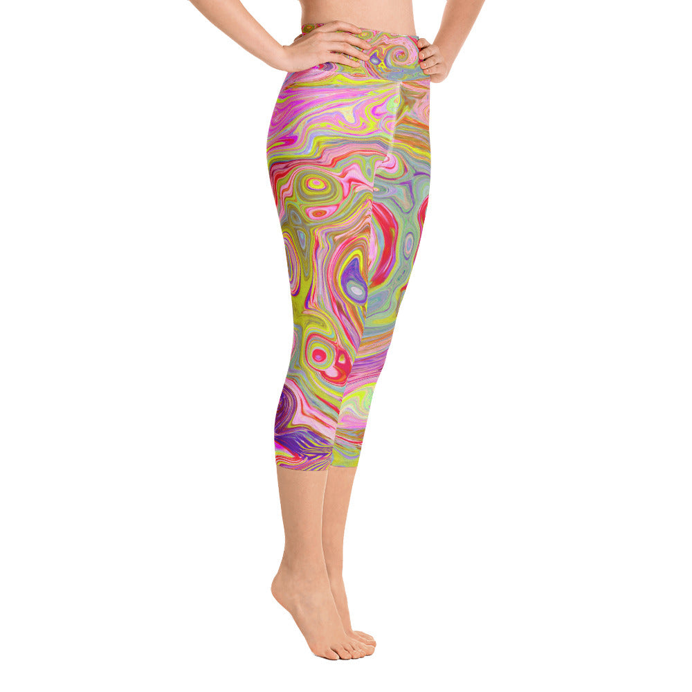 Capri Yoga Leggings for Women, Retro Pink, Yellow and Magenta Abstract Groovy Art