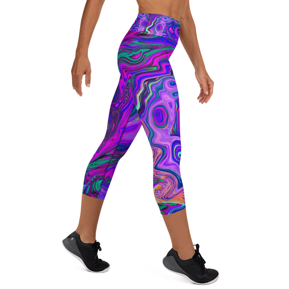 Capri Yoga Leggings for Women, Groovy Abstract Retro Magenta and Purple Swirl