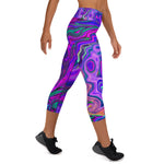 Capri Yoga Leggings for Women, Groovy Abstract Retro Magenta and Purple Swirl