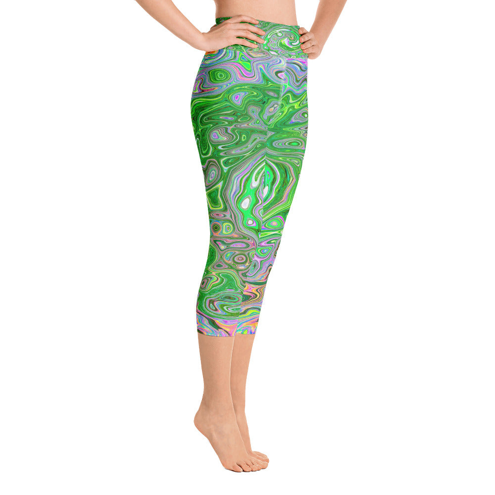 Capri Yoga Leggings for Women, Trippy Lime Green and Pink Abstract Retro Swirl