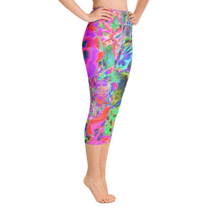 Capri Yoga Leggings for Women, Trippy Psychedelic Hot Pink and Purple Flowers