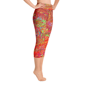 Capri Yoga Leggings, Abstract Psychedelic Red Foliage Garden