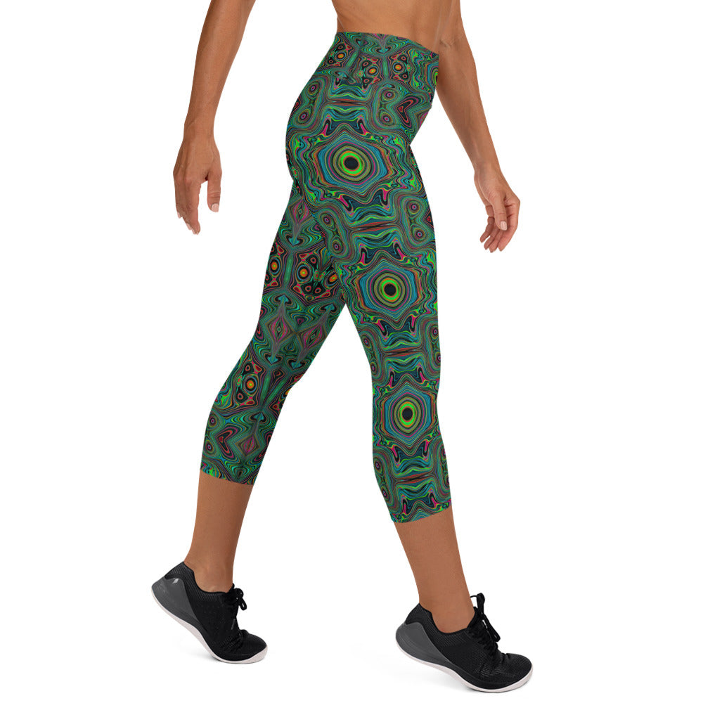 Capri Yoga Leggings - Trippy Retro Black and Lime Green Abstract Pattern