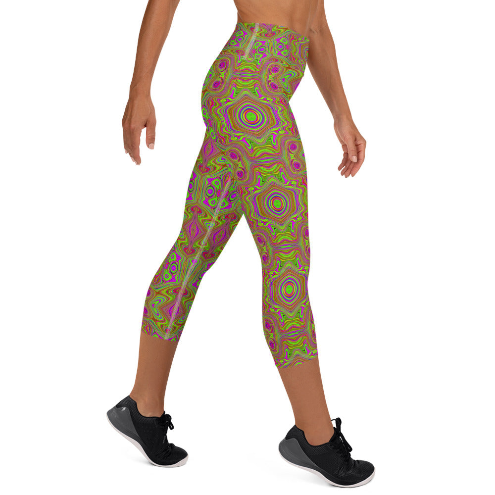 Capri Yoga Leggings - Trippy Retro Chartreuse Magenta Abstract Pattern