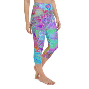 Capri Yoga Leggings, Psychedelic Retro Rainbow Blue Hibiscus