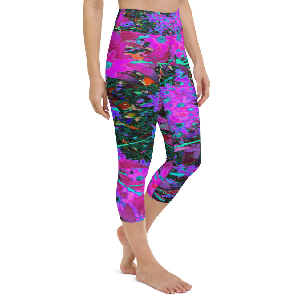 Capri Yoga Leggings for Women, Pretty Hot Pink, Magenta and Aqua Blue Flowers