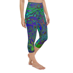 Capri Yoga Leggings for Women, Marbled Blue and Aquamarine Abstract Retro Swirl