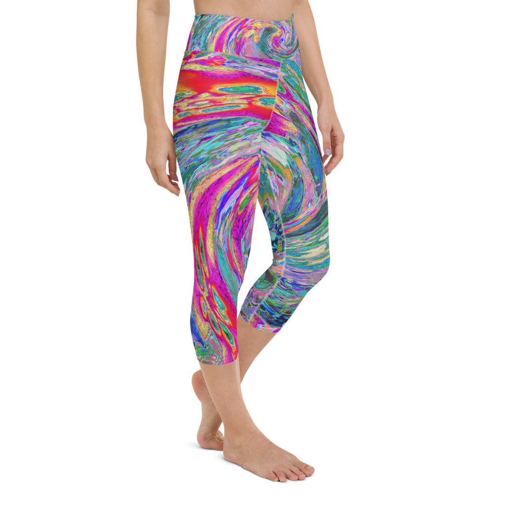 Colorful Capri Yoga Leggings, Abstract Floral Psychedelic Rainbow Waves of Color