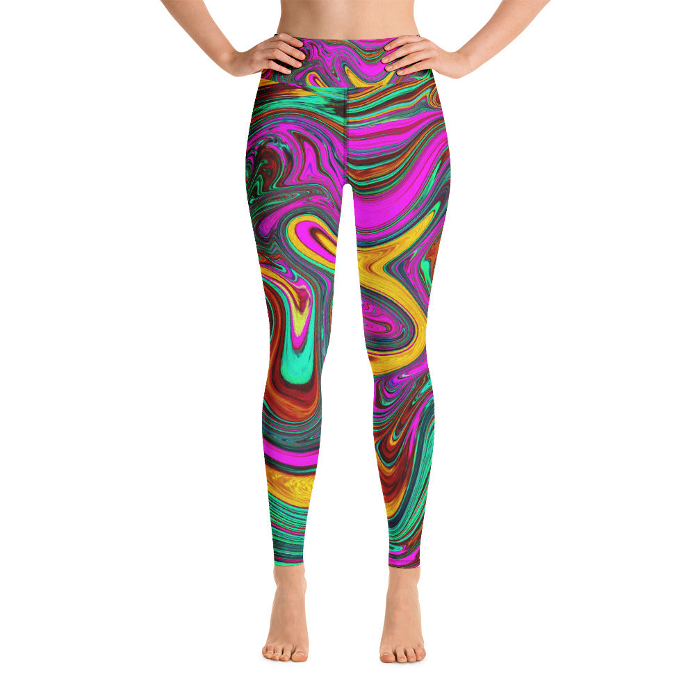 Yoga Leggings for Women, Retro Groovy Hot Pink and Sea Foam Green Abstract Art