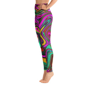 Yoga Leggings for Women, Retro Groovy Hot Pink and Sea Foam Green Abstract Art