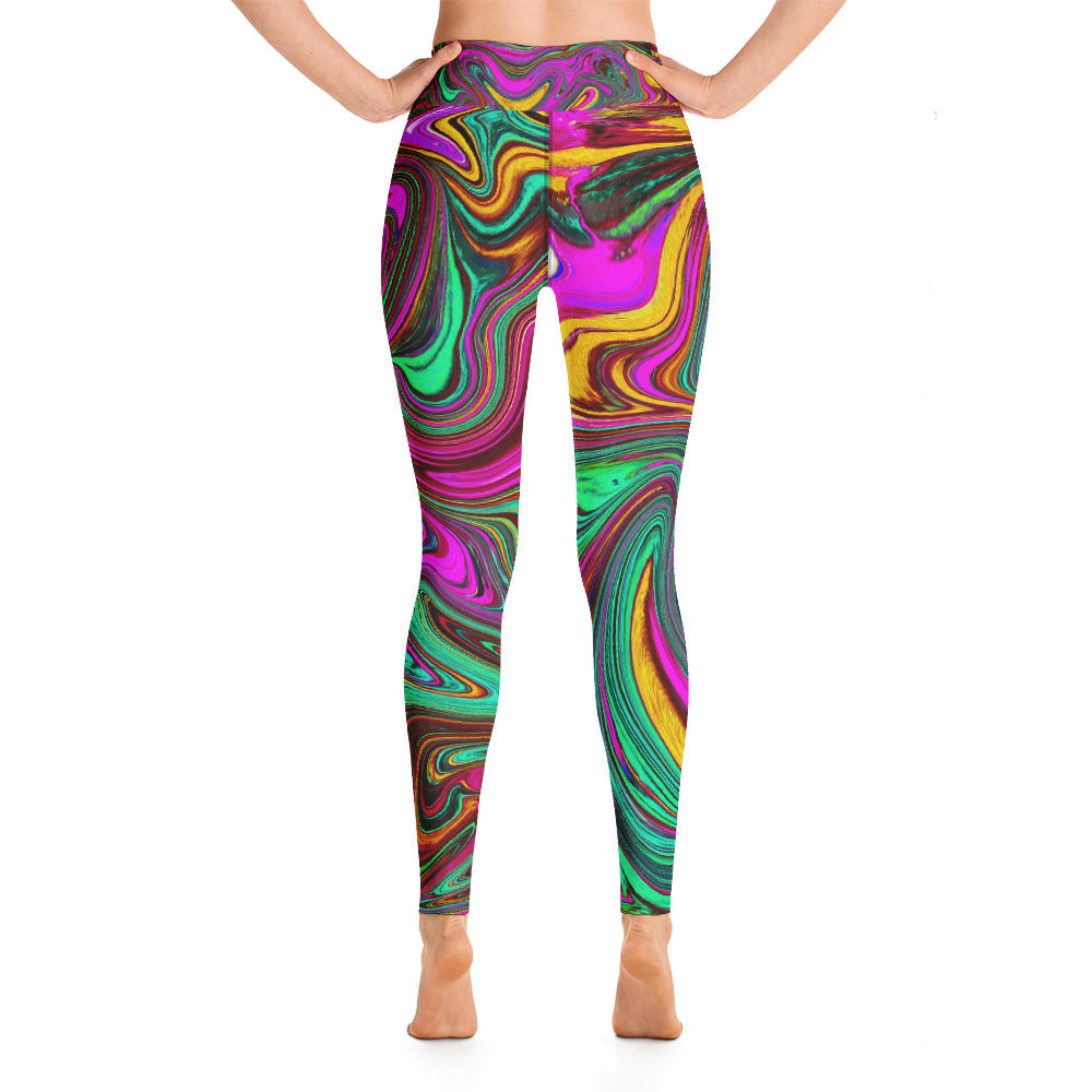 Yoga Leggings for Women, Retro Groovy Hot Pink and Sea Foam Green Abstract Art