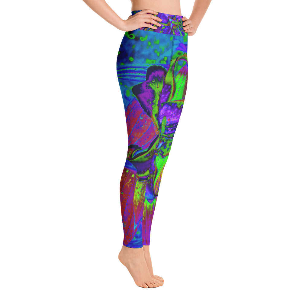 Yoga Leggings for Women, Psychedelic Purple and Lime Green Lily Flower