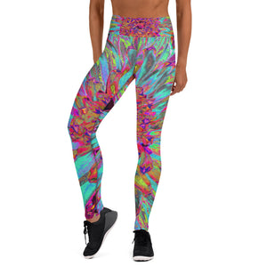 Yoga Leggings for Women, Psychedelic Teal Blue Abstract Decorative Dahlia
