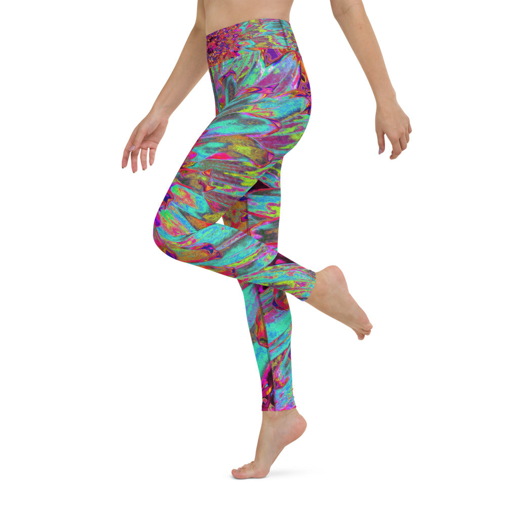 Yoga Leggings for Women, Psychedelic Teal Blue Abstract Decorative Dahlia