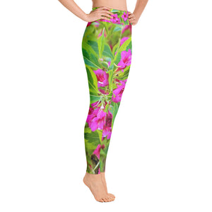 Yoga Leggings for Women, Beautiful Green Weigela with Crimson Flowers