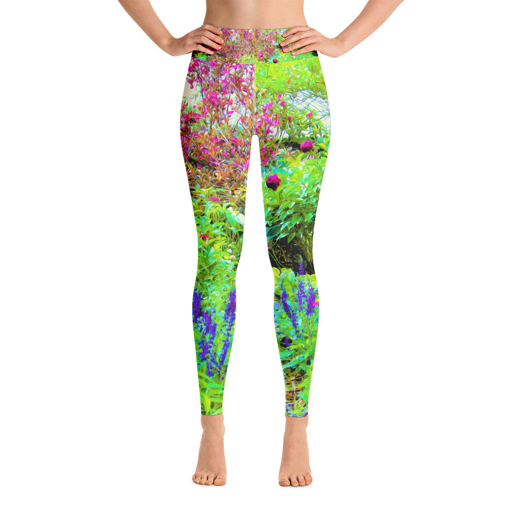 Yoga Leggings for Women, Green Spring Garden Landscape with Peonies