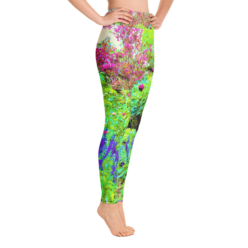 Yoga Leggings for Women, Green Spring Garden Landscape with Peonies