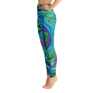 Yoga Leggings for Women, Groovy Abstract Retro Green and Blue Swirl