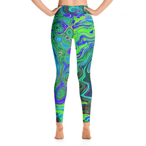 Yoga Leggings for Women, Groovy Abstract Retro Green and Blue Swirl