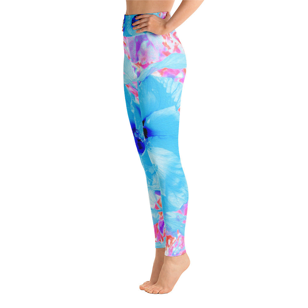 Yoga Leggings for Women, Two Cool Blue Plum Crazy Hibiscus on Purple