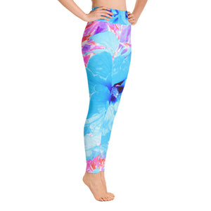 Yoga Leggings for Women, Two Cool Blue Plum Crazy Hibiscus on Purple