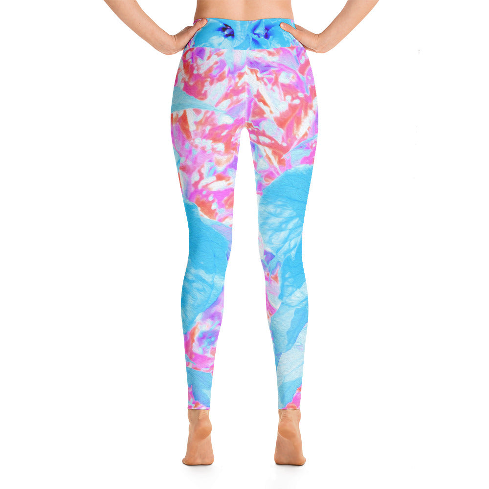 Yoga Leggings for Women, Two Cool Blue Plum Crazy Hibiscus on Purple