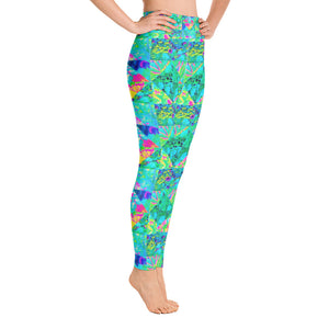 Yoga Leggings for Women, Garden Quilt Painting with Hydrangea and Blues