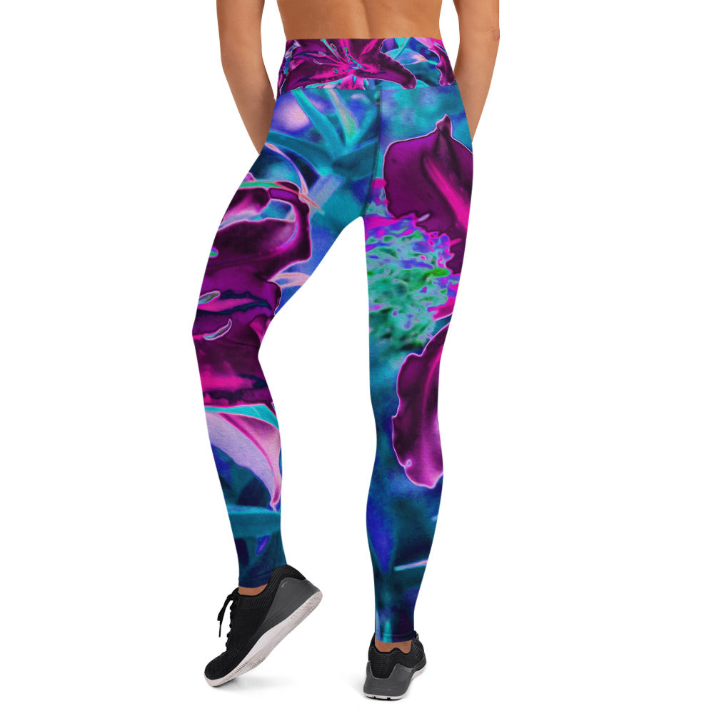 Yoga Leggings for Women, Purple and Hot Pink Abstract Oriental Lily Flowers